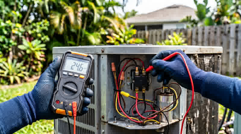 AC repair — multimeter testing an outdoor condenser contactor