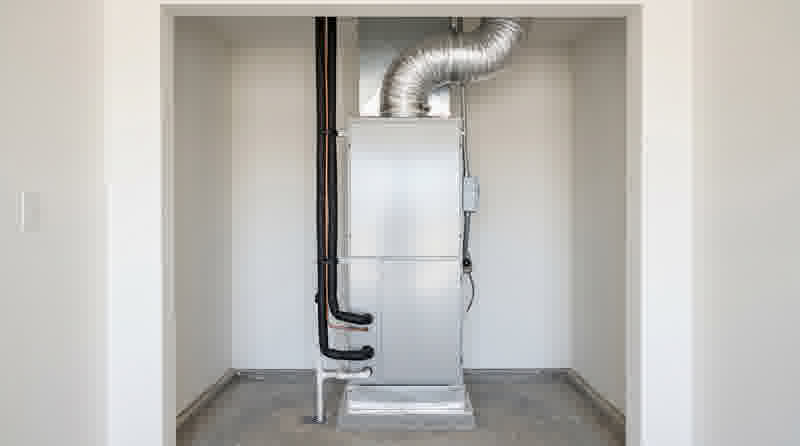 New residential heat pump air handler installed in utility closet